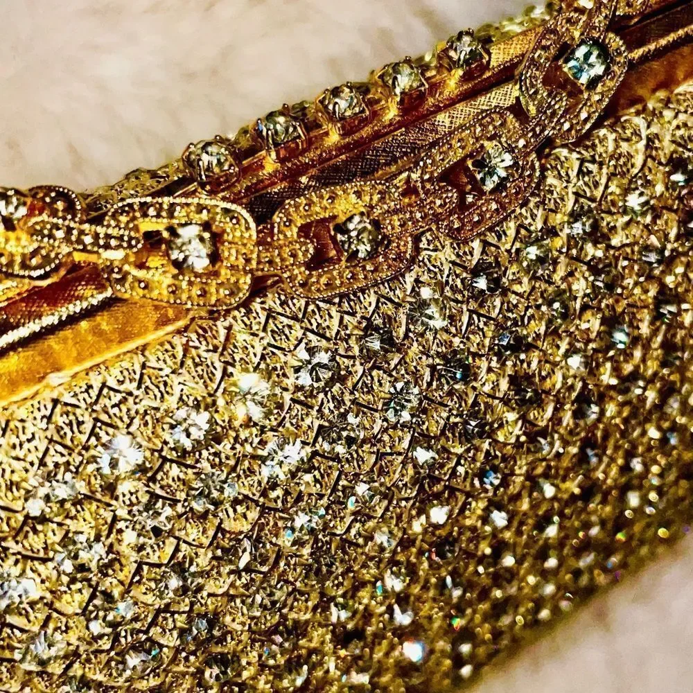 ♥️ Vintage Rhinestone Gold Women's Clutch Purse 60s Hong Kong